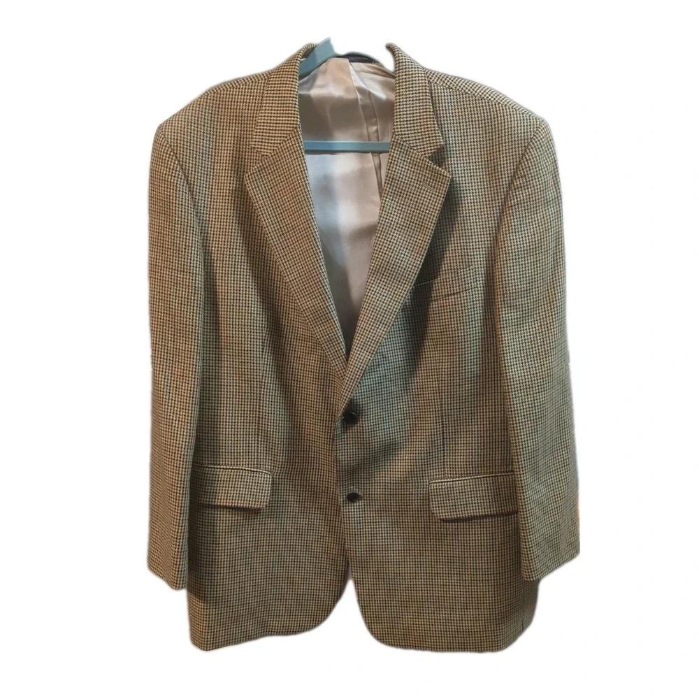 Lands End 46R Mens Silk Wool Plaid Blazer Sport Coat Jacket Gold Houndstooth